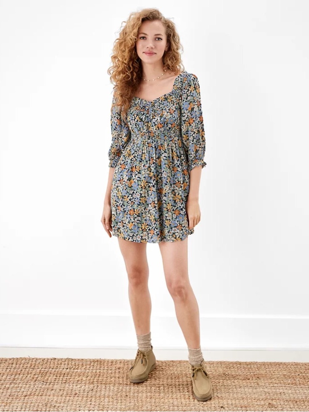 American Eagle Smocked Empire Waist Floral Gypsy Mini Dress XS